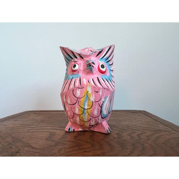 Quirky Hand Carved Owl Figurine Pink Folk Art 3.25" Trinket Small Gift Idea - Picture 8 of 8
